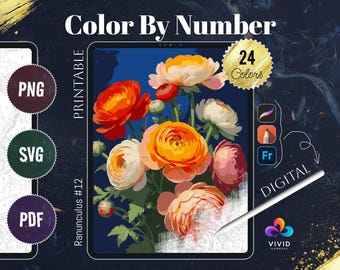 Ranunculus Coloring by Numbers for Adults Printable Paint by Numbers Digital Coloring Pages Procreate Coloring iPad Therapy Flowers Coloring