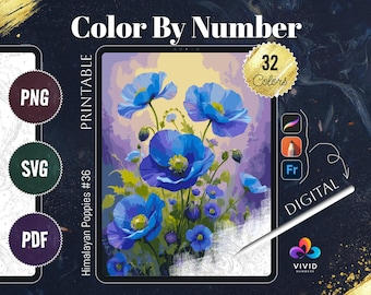 Papaveri dell'Himalaya da colorare con i numeri PDF stampabili Dipingi con i numeri Pagine da colorare digitali Procreate da colorare Caramelle da colorare Fiori da colorare
