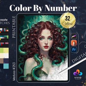 Medusa Color by Numbers Printable Paint by Numbers Digital Coloring Pages Procreate Coloring Women Coloring Pages Digital Stress Relief