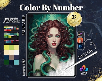 Medusa Color by Numbers Printable Paint by Numbers Digital Coloring Pages Procreate Coloring Women Coloring Pages Digital Stress Relief