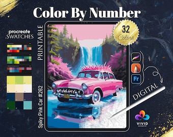 May include: Color by number digital art printable featuring a pink car with a spiky roof driving through a waterfall. The image includes a color palette with 32 colors and the text "Spiky Pink Car #262".