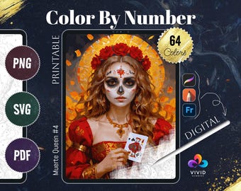 May include: Color by number digital art printable featuring a woman with a sugar skull makeup, red flowers in her hair, and a red dress holding a playing card. The image has 64 colors and is labeled "Muerte Queen #4".
