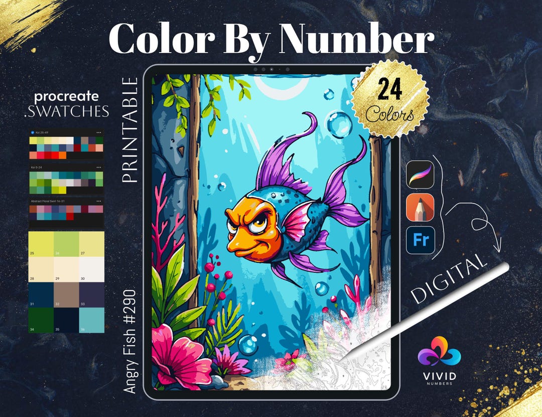 Angry Fish Coloring by Numbers Printable Paint by Numbers Digital ...