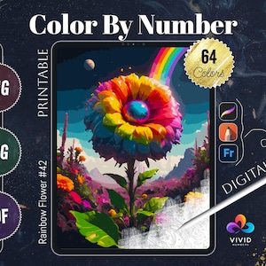 Rainbow Flower Coloring by Number Printable Paint by Numbers Digital Coloring Pages Procreate Coloring Art Therapy Floral Coloring Pages