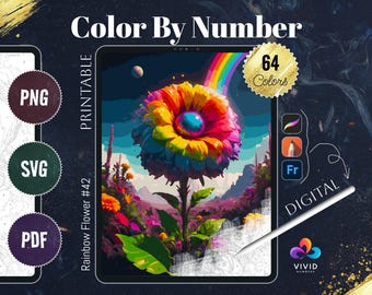Rainbow Flower Coloring by Number Printable Paint by Numbers Digital Coloring Pages Procreate Coloring Art Therapy Floral Coloring Pages