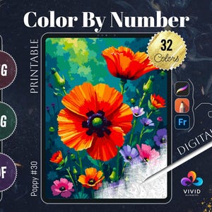 Poppy Color by Numbers for Adults Printable Paint by Numbers Digital Coloring Pages Procreate Coloring iPad Therapy Flowers Coloring Pages