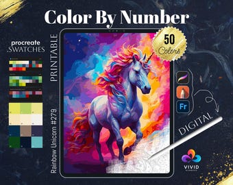 Rainbow Unicorn Color by Number Paint by Numbers Digital Coloring Pages Procreate Coloring Color by Number Fantasy Coloring Horse Coloring