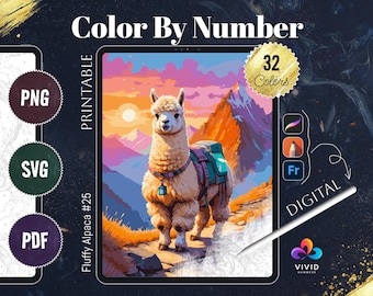 Alpaca Color by Numbers for Adults Printable Paint by Numbers Digital Coloring Pages Procreate Coloring Color by Number Animal Coloring Page