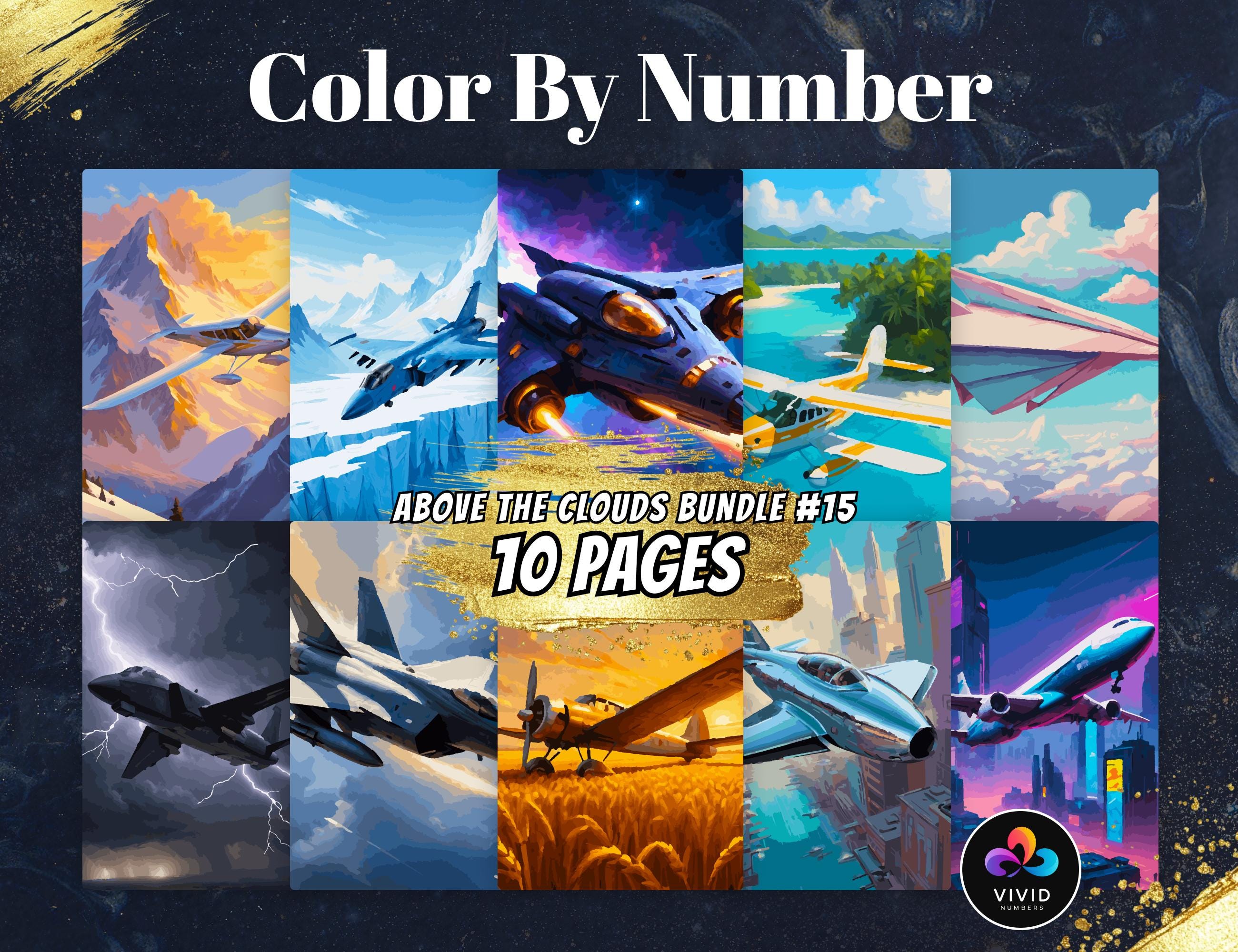 雲の上の飛行機・数字で塗り絵バンドル – 印刷用・Procreate・SVG・PNG対応のデジタル塗り絵