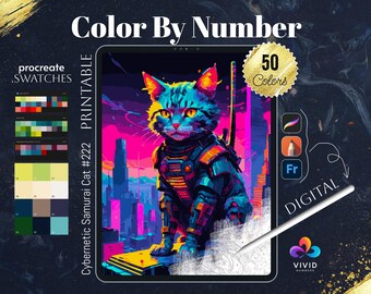 Cybernetic Samurai Cat Color by Numbers Printable Paint by Numbers Digital Coloring Page Procreate Coloring Color by Number Animals Coloring