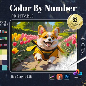 May include: Digital colour by number printable featuring a cartoon corgi dog wearing a yellow jacket and walking through a field of tulips. The image has 32 colours and is labelled "Bee Corgi #148".
