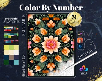Gilded Flora Coloring by Number Paint by Numbers Digital Coloring Pages Procreate Coloring Color by Number Pattern Coloring Floral Coloring