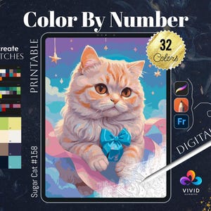 May include: Digital colour-by-number art featuring a fluffy orange and white cat with a blue bow. The image includes the text "Color By Number," "Sugar Cat #158," and "32 Colors." The image is labelled as "Printable" and "Digital."