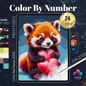 May include: A digital art printable of a red panda holding a heart, labelled "Little Red Panda #228". The image is on a tablet screen with a stylus nearby. The image is labelled "24 Colors".