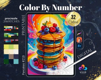 May include: Color by number digital art printable of a stack of colorful pancakes with rainbow sprinkles, syrup, and blueberries. The image has 32 colors and is labeled "Pancakes #219".
