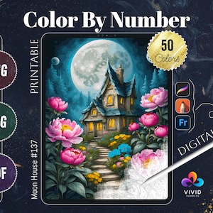 Moon House Color by Number Paint by Numbers Digital Coloring Procreate Coloring Color by Number Fantasy Coloring Fairy House Coloring