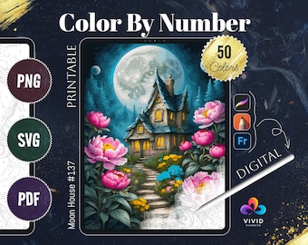 Moon House Color by Number Paint by Numbers Digital Coloring Procreate Coloring Color by Number Fantasy Coloring Fairy House Coloring
