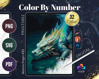May include: Digital download for a colour by number activity featuring a detailed illustration of a blue and green dragon in a water setting. The image is labelled "Massive Dragon #93" and "32 Colours".
