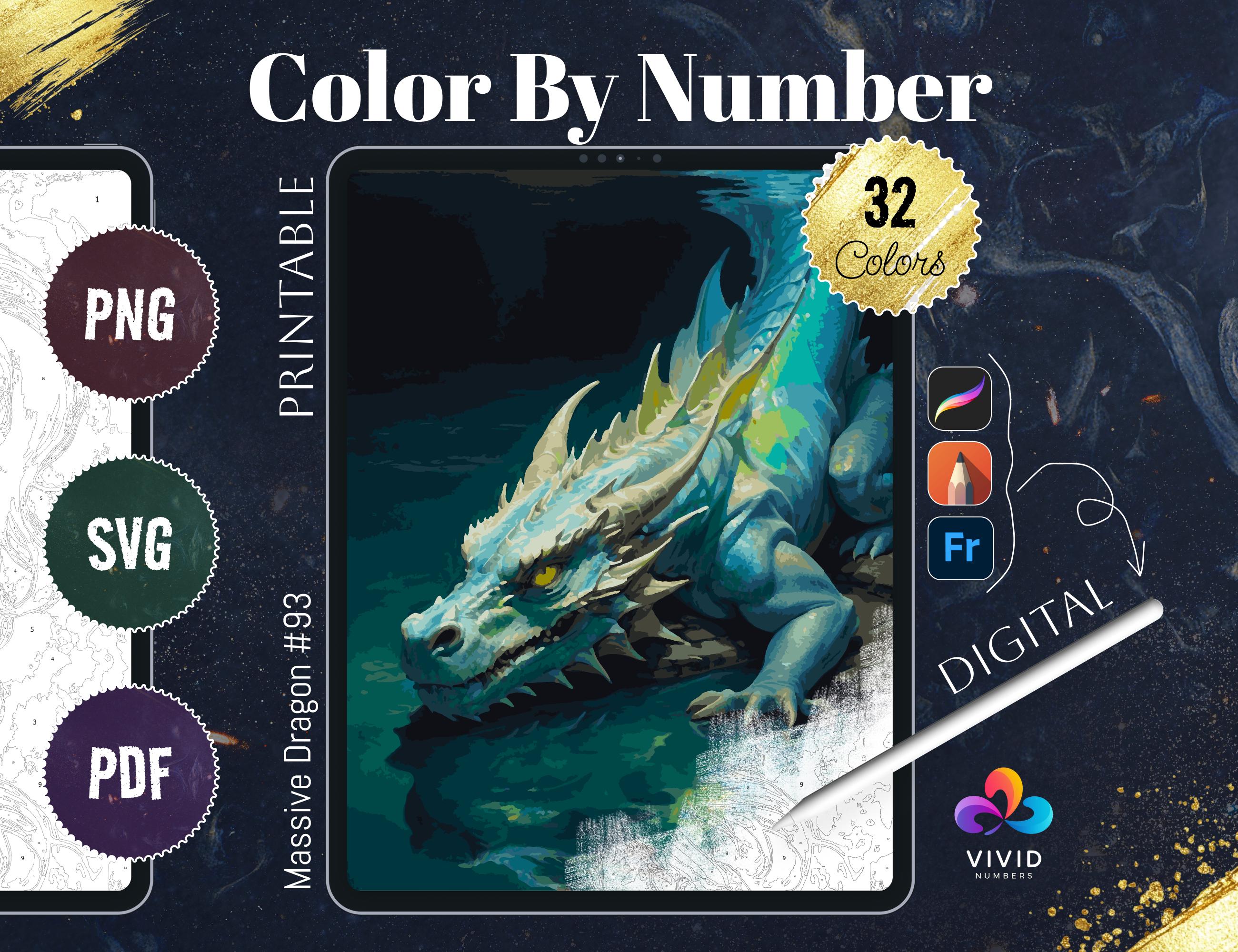 Dragón para colorear por números | Páginas de colorear fantásticas digitales para iPad, Procreate, PDF, SVG, PNG