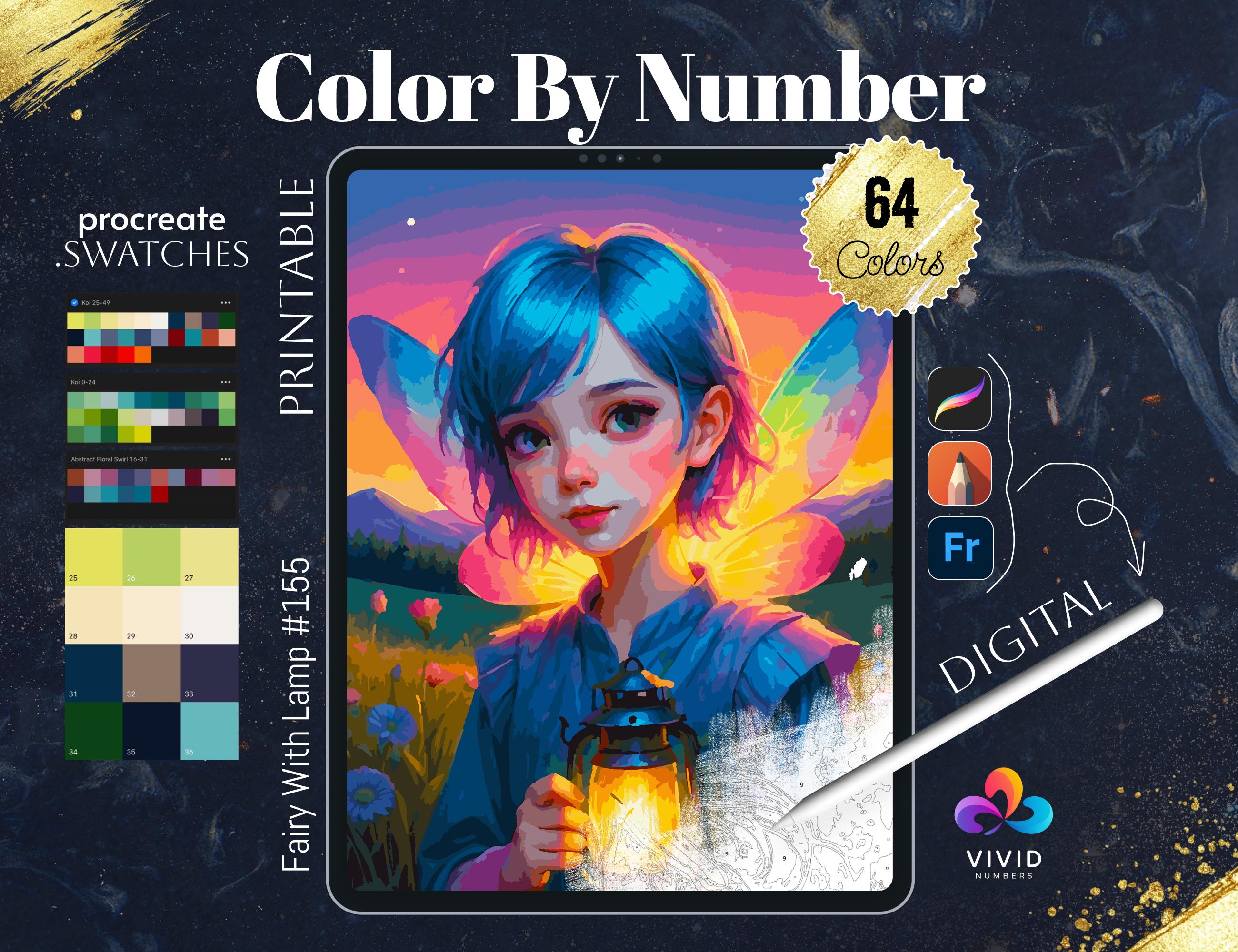 Fée à colorier par numéros à imprimer | Pages de coloriage numériques pour iPad et Procreate | Téléchargements PDF SVG PNG