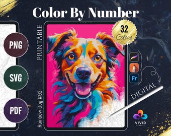 Chien arc-en-ciel à colorier par numéros, coloriage numérique par numéros, coloriage procréer, animaux à colorier par numéros, iPad numérique à colorier