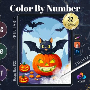 May include: Colour by number digital download featuring a cute cartoon bat with a pumpkin. The image is titled "Happy Bat #22" and includes 32 colours.
