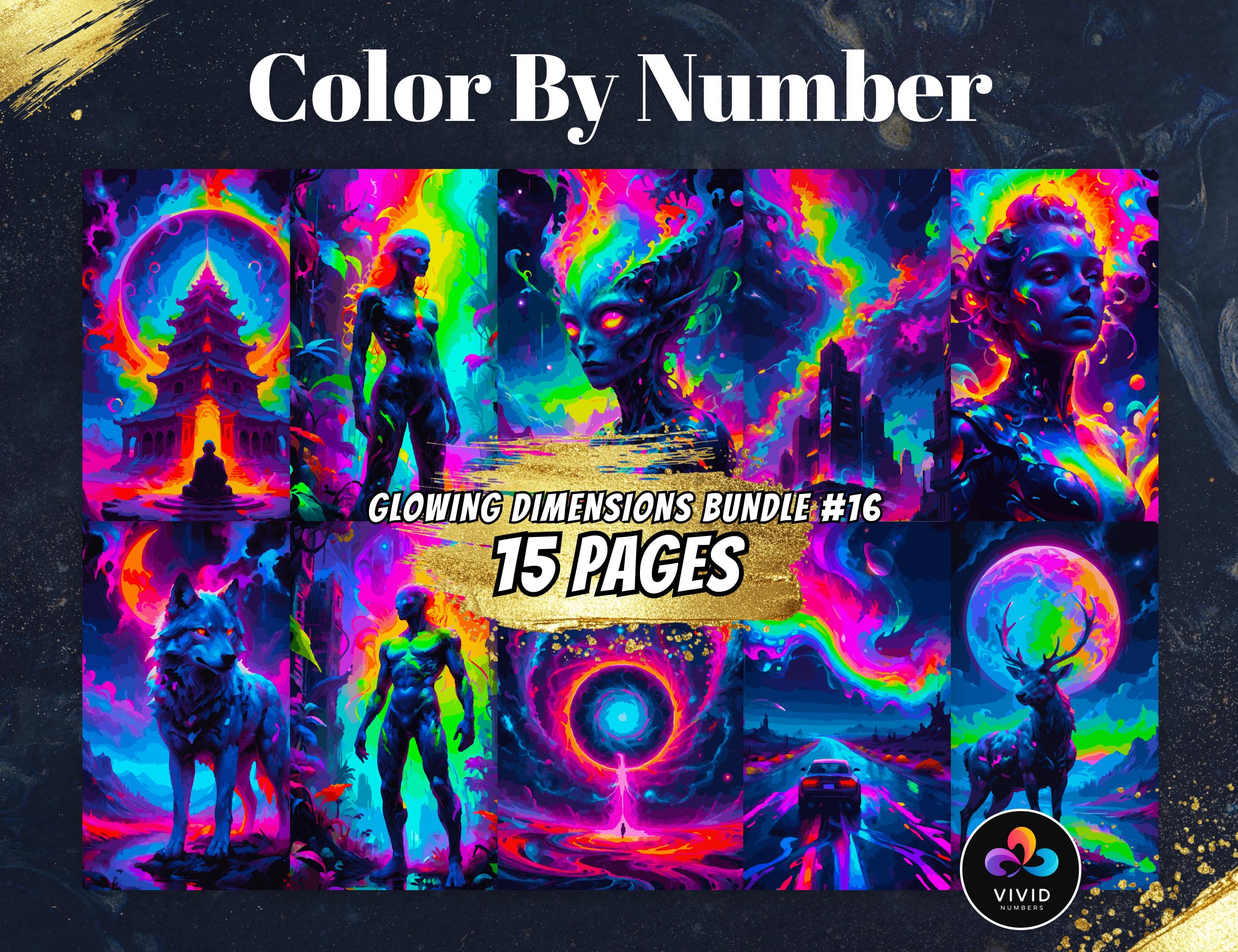 Glowing Dimensions Color by Number Bundle for Adults – Digital Paint by Number Fantasy Coloring Pages (PDF, SVG, PNG) for Procreate & Print