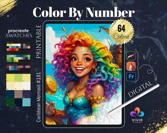 Caribbean Mermaid Color by Numbers Printable Paint by Numbers Digital Coloring Pages Procreate Coloring iPad Women Coloring Pages Digital