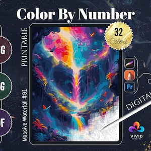 May include: A digital color by number image of a vibrant waterfall surrounded by lush greenery. The image is on a tablet screen with a stylus nearby. The image is labeled "Massive Waterfall #91" and "32 Colors".