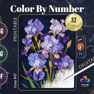 May include: Color by number digital download featuring a painting of purple irises with 32 colors. The image is displayed on a tablet screen with a stylus nearby. The text "PRINTABLE" and "DIGITAL" are visible on the image.
