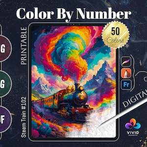 May include: Color by number digital download of a steam train traveling through a colorful, psychedelic landscape. The image includes 50 colors and is available in PNG, SVG, and PDF formats.