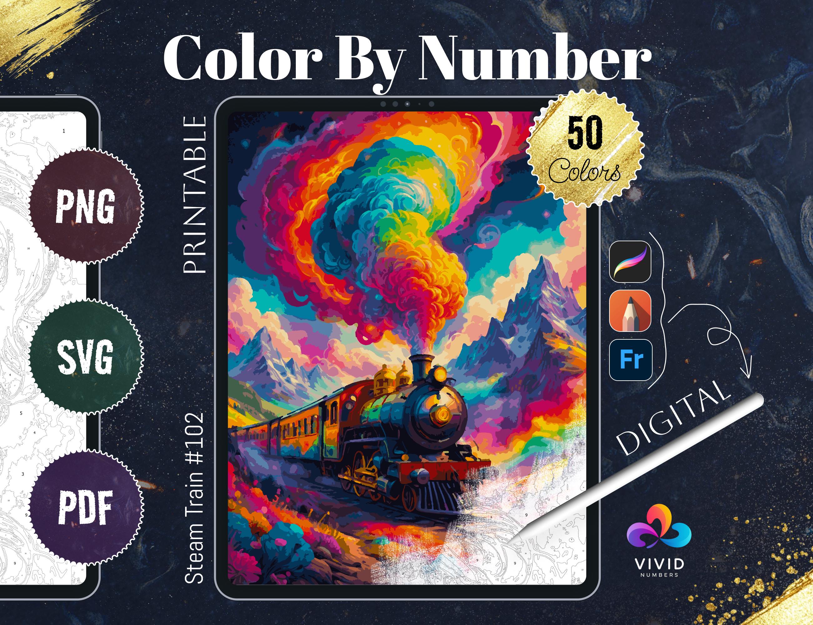 Steam Train Color by Number | Paint by Numbers Digital Coloring Pages for Procreate, iPad, PDF, SVG & PNG