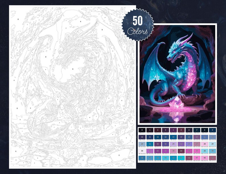 Crystal Dragon Coloring by Number Paint by Numbers Digital Coloring Pages Procreate Coloring Color by Number Fantasy Coloring Digital Pages