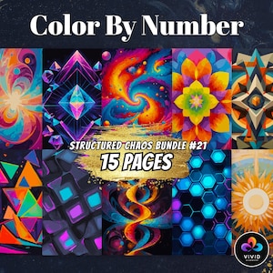 May include: A digital art print titled "Color By Number" featuring a collection of vibrant, abstract designs. The image includes the text "Structured Chaos Bundle #21" and "15 Pages". The artwork showcases a variety of colorful geometric and organic shapes.