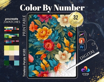 Timeless Petals Flower Coloring by Number Printable Paint by Numbers Digital Coloring Pages Procreate Coloring Art Therapy Floral Coloring