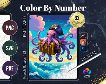 Friendly Octopus Coloring by Numbers Printable Paint by Numbers Digital Coloring Pages Procreate Coloring Color by Number Animal Coloring
