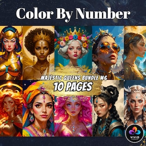 Può includere: Stampa d'arte digitale per un'attività "Colora con i numeri". L'immagine mostra un "Majestic Queens Bundle #6" con 10 pagine di illustrazioni. L'opera presenta ritratti di donne con corone ornate e abiti colorati, su uno sfondo scuro.