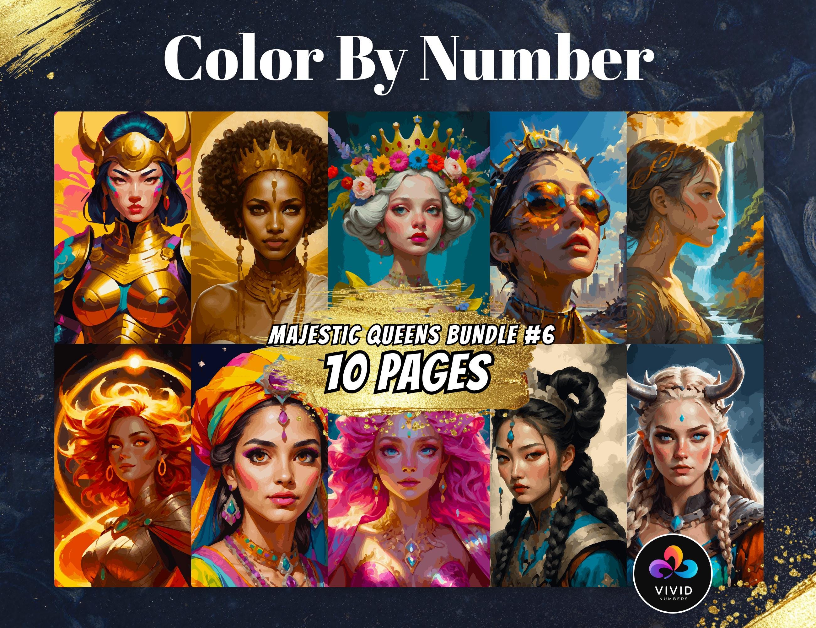 Majestic Queens Pack de Colorear por Números – Páginas para Imprimir y Digitales para Procreate (PDF, PNG, SVG)