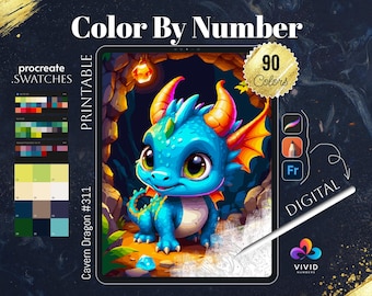 Cavern Dragon Color by Number for Procreate – Cute Little Dragon Digital Coloring Page for iPad – Fantasy Creature Line Art, Paint By Number