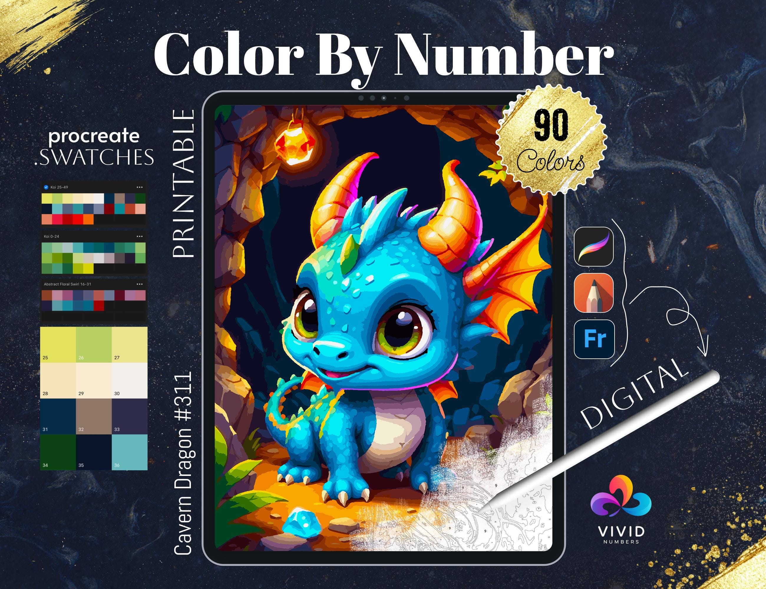 Dragão da caverna colorir por números para Procreate – Página de colorir de dragão fantástico fofo para iPad, line art para imprimir PNG SVG PDF