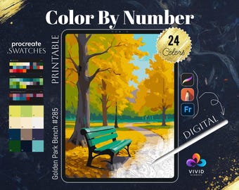 Golden Bench Coloring by Number Paint by Numbers Digital Coloring Pages Procreate Coloring Color by Number Fantasy Coloring Pages Landscape