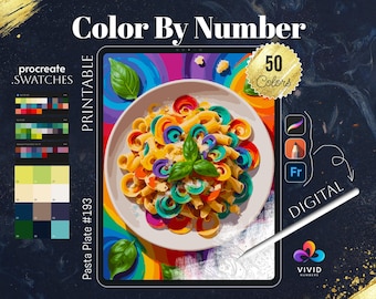 May include: A digital coloring page of a plate of pasta with a rainbow background. The pasta is made up of swirls of different colors. The image is labeled "Pasta Plate #193" and "Color By Number".