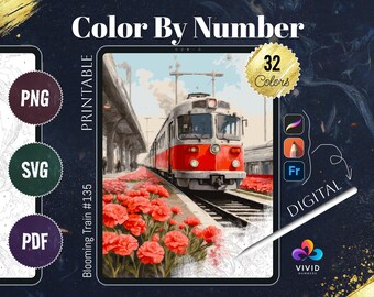 Blooming Train Coloring Procreate Coloring Paint by Numbers Coloring by Number Digital Coloring Pages Color by Number Fantasy Coloring Page