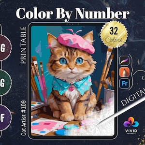 Cat Artist Color by Numbers Printable Paint by Numbers Digital Coloring Pages Procreate Coloring Color by Number Animal Coloring Pages