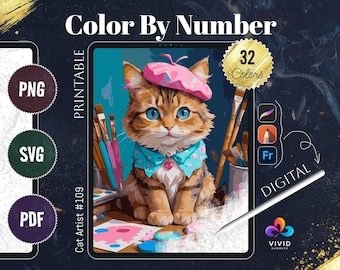 Chat artiste couleur par numéros imprimables peinture par numéros pages à colorier numériques procréer coloriage couleur par numéros animaux coloriage