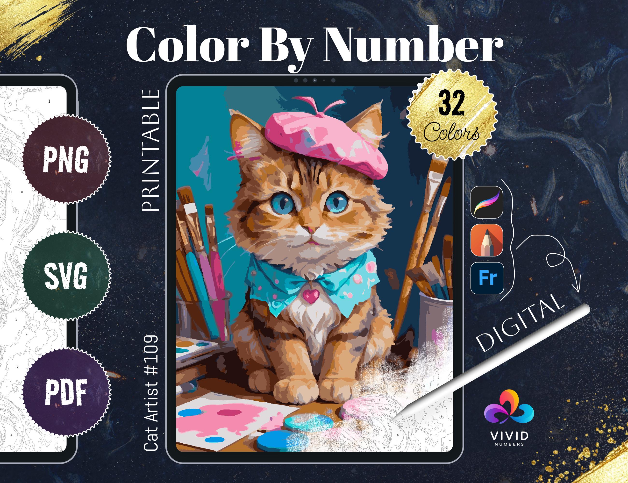 Gato artista para colorear por números imprimible | Páginas de colorear digitales para adultos y niños | Procreate y PDF SVG PNG