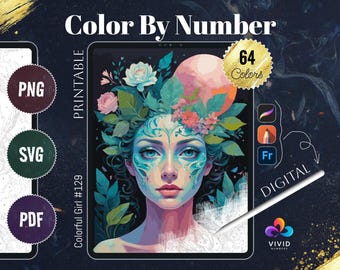 Könnte beinhalten: Ein digitales Malen nach Zahlen-Druckbild mit einer farbenfrohen Frau mit Blumen im Haar und einem rosa-blauen Hintergrund. Das Bild enthält den Text "Colorful Girl #129", "Color By Number", "Printable", "64 Colors", "Fr", "Digital" und "Vivid Numbers".