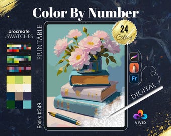Könnte beinhalten: Digitales Malen nach Zahlen zum Ausdrucken mit einem Stillleben mit einem Strauß rosa Blumen in einer Glasvase und einem Stapel Bücher. Das Bild ist mit "Books #249" und "24 Farben" beschriftet.