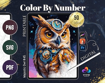 May include: Color by number digital download featuring a majestic owl with steampunk elements. The owl is brown, orange, and blue with a clock face on its head. The image is on a tablet screen with a stylus nearby. The text "Majestic Owl #45" and "50 Colors" are visible.