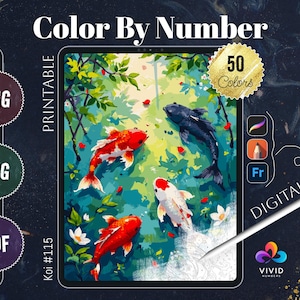 Pode incluir: Ilustração digital de colorir por números com peixes koi num lago com vegetação exuberante. A imagem inclui o texto "Color By Number", "Printable" e "50 Colors". A obra de arte é rotulada como "Koi #115" e está disponível nos formatos PNG, SVG e PDF.